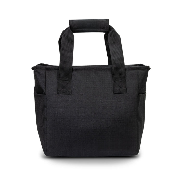 Oceana Recycled Cooler Bag - A black cooler bag with short handles and two side pockets, featuring a textured fabric. It has a logo on one side.