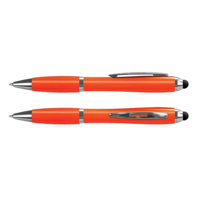 Vistro Stylus Pen - Colour Match - A set of orange stylus pens with silver accents and logos, featuring smooth writing tips and touch screen compatibility.