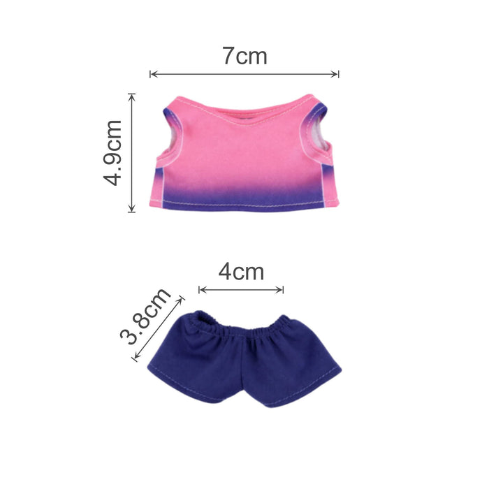 Plush Doll Jersey Outfit (15–17cm Doll) - A plush doll outfit featuring a pink and purple shirt with blue shorts. Includes size measurements.