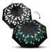 Colour Changing Compact Umbrella - A black compact umbrella featuring colourful raindrop patterns in green, blue, and yellow, with a logo.