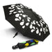 Colour Changing Compact Umbrella - A compact umbrella with a black canopy featuring white droplet patterns and a multicoloured case.