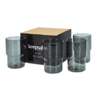 Keepsake Arlo Tumblers - Set of 4 - A set of four smoky grey tumblers in a box, featuring a sleek design with a logo.