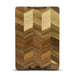 Keepsake Chopping Board - A wooden chopping board featuring a chevron pattern in various shades of brown. It has a logo on the surface.