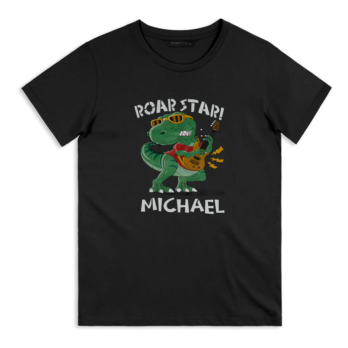 TRENDSWEAR Original Adult T-Shirt - DigiFlex Transfer - A black adult t-shirt featuring a dinosaur playing guitar with sunglasses and a graphic design.
