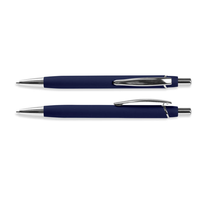 Centurion Soft-Touch Pen - A soft-touch navy pen with silver accents, featuring a sleek design and a clip for easy attachment.