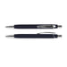Centurion Soft-Touch Pen - A soft-touch pen in navy blue with chrome accents and a sleek design, featuring a clip and a logo.