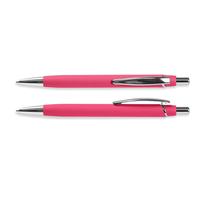 Centurion Soft-Touch Pen - A pink soft-touch pen with a chrome clip and accents, displayed in a top and side view.