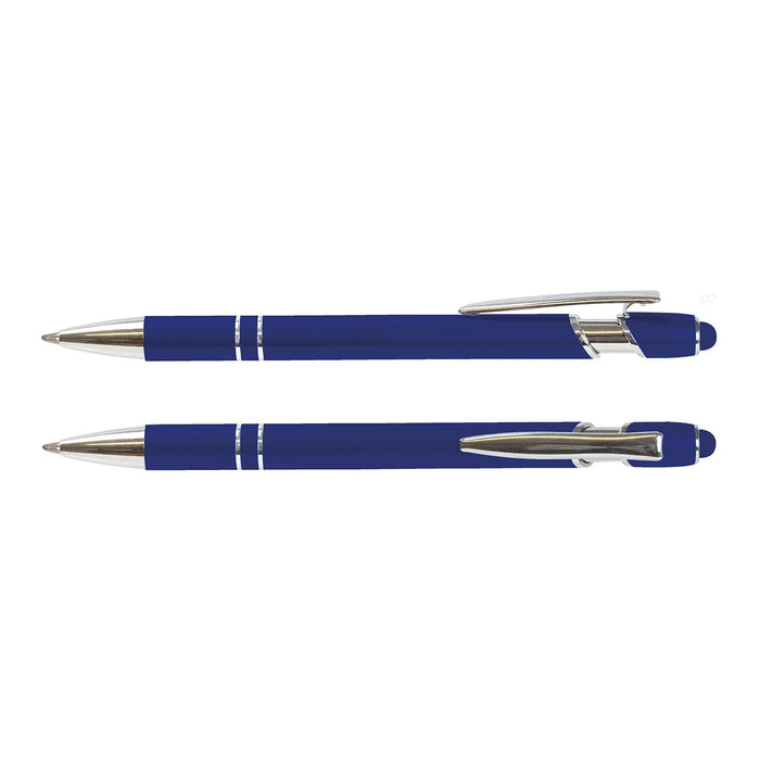 Prime Stylus Pen - A blue stylus pen with a silver tip and clip, featuring sleek stripes along its body. It includes a logo.