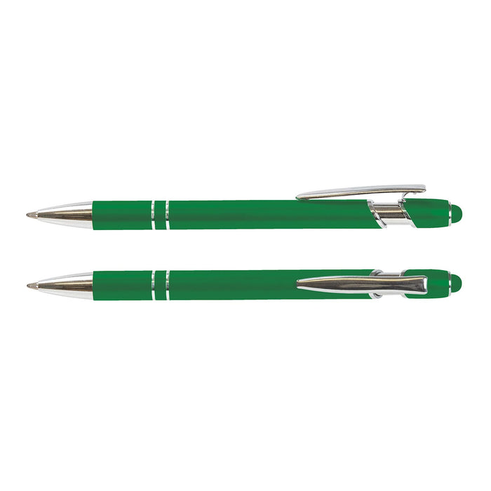 Prime Stylus Pen - A green stylus pen with chrome accents and a cap, displayed in two positions. It features a logo.