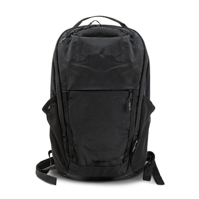 Frontier Trail Daypack - A black daypack featuring multiple pockets, adjustable straps, and a logo on the front.