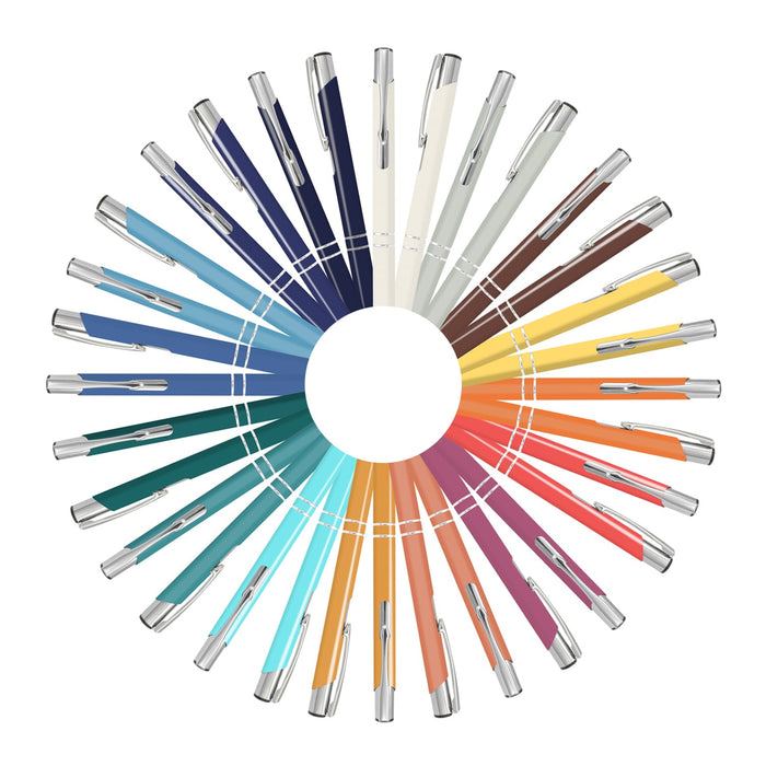 Panama Palette Pen - A circular arrangement of colourful pens, featuring various shades including blue, green, orange, and cream, with silver accents.