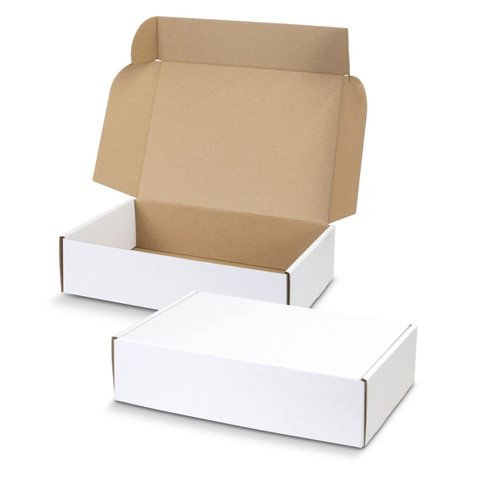 Die Cut Box with Locking Lid - 300x225x75mm - A white die cut box with a locking lid, featuring a brown interior, and a slightly open design.