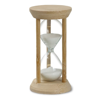 Tempus Bamboo Hourglass - An hourglass with a bamboo frame and clear glass, filled with white sand.