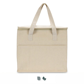 Aden Lunch Cooler Bag - A cream cooler bag with double handles and a front pocket, featuring a simple logo on the side.