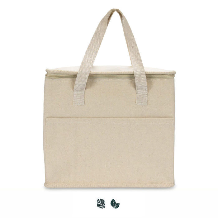 Aden Lunch Cooler Bag - A cream cooler bag with double handles and a front pocket, featuring a simple logo on the side.