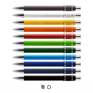 Eon Spinner Pen - A row of Eon Spinner Pens in various colours: black, white, yellow, orange, red, green, blue, and dark blue. Each has a silver clip.