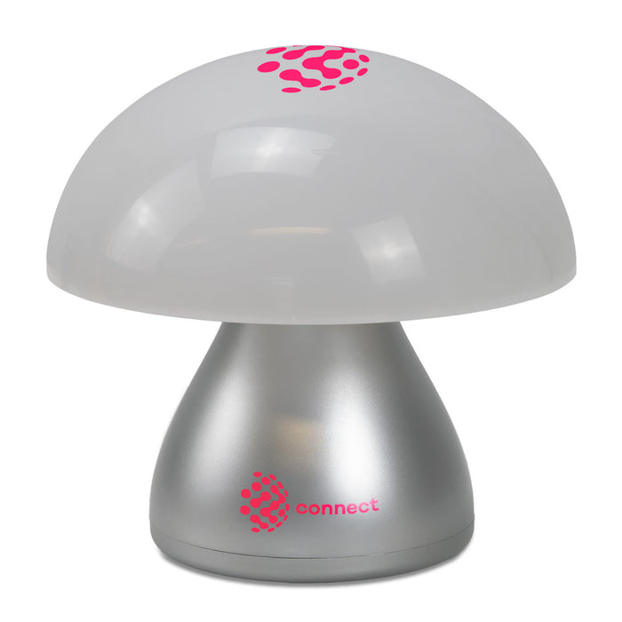 Portobello Table Lamp - A Portobello table lamp with a frosted white mushroom-shaped shade and a silver base, featuring a logo.