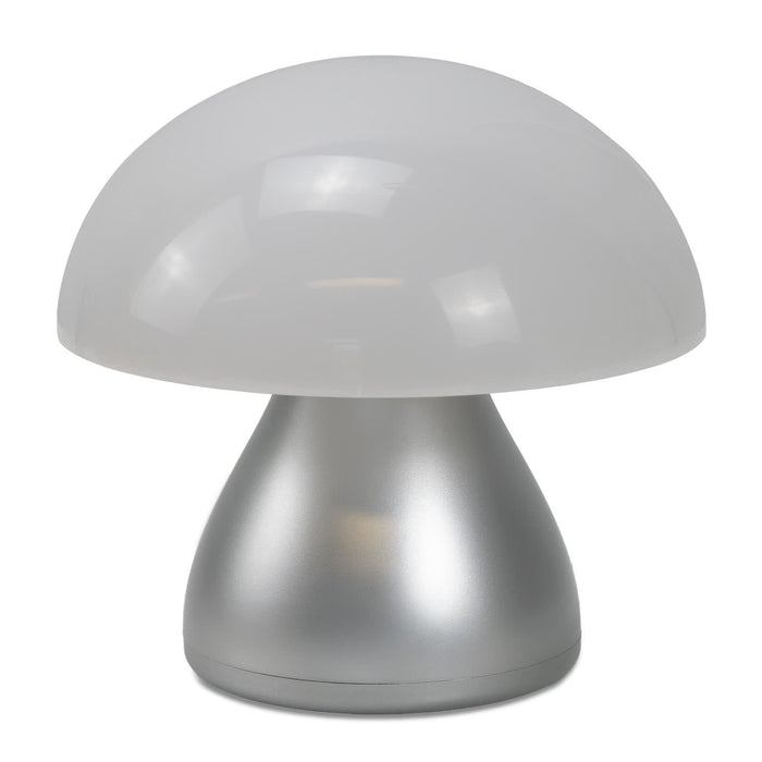 Portobello Table Lamp - A stylish table lamp with a frosted white mushroom-shaped shade and a silver base.
