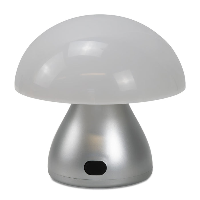 Portobello Table Lamp - A Portobello table lamp with a silver base and a frosted glass dome shade in a mushroom shape.