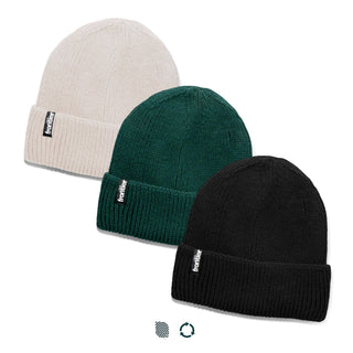 Frontier Ridge Beanie - Three beanies in cream, green, and black, featuring a logo on the front. Each has a ribbed design.