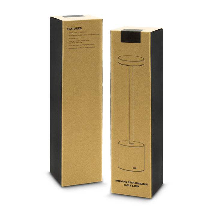 Nouveau Rechargeable Table Lamp - A minimalist packaging design for a Nouveau Rechargeable Table Lamp, featuring a sleek black and natural cardboard finish.