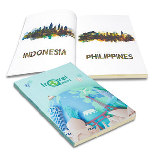 Verse Notebook - A notebook featuring a blue cover with illustrations of global landmarks and pages showcasing Indonesia and the Philippines.