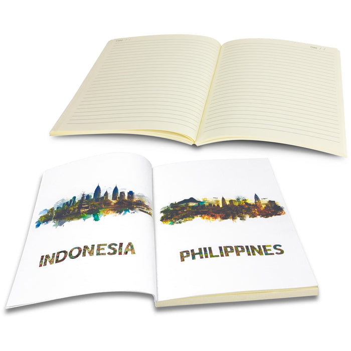 Verse Notebook - A notebook with lined pages and illustrations of Indonesia and the Philippines on the inside covers. It has a plain exterior.