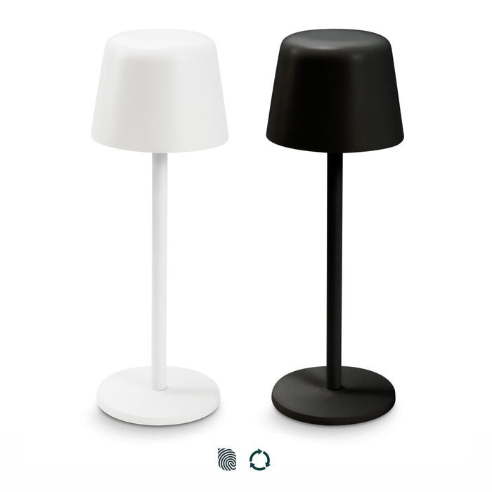 Ember Rechargeable Table Lamp - Two rechargeable table lamps are displayed: one in white and one in black, each with a minimalist design.