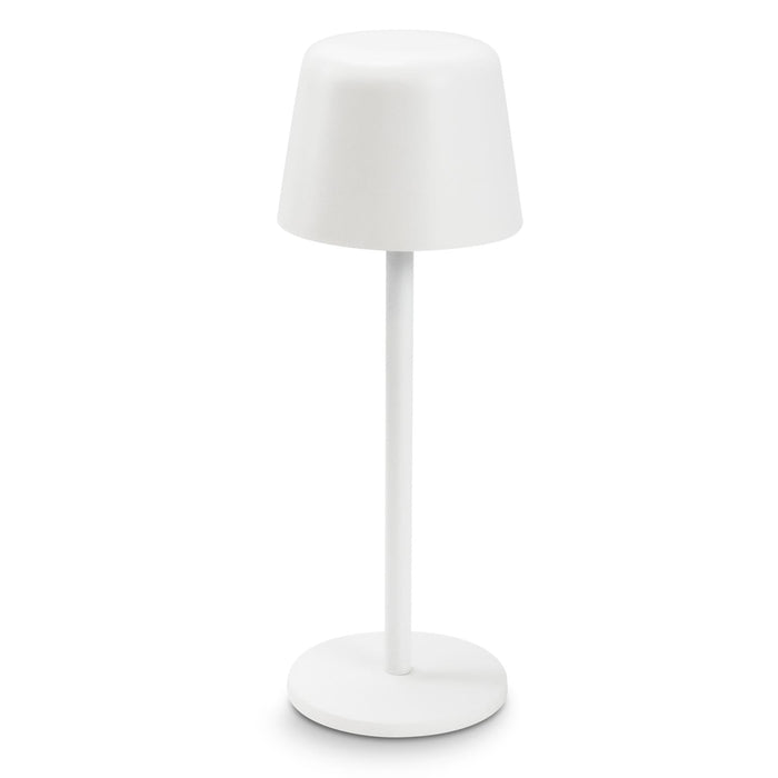 Ember Rechargeable Table Lamp - A white rechargeable table lamp with a rounded shade and a slim base. It features a minimalistic design and a logo.