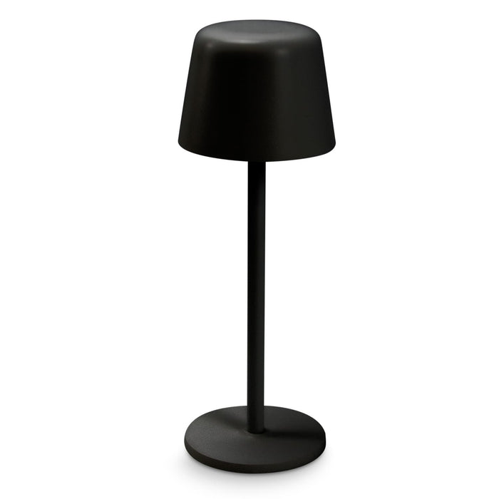 Ember Rechargeable Table Lamp - A black rechargeable table lamp with a rounded shade and a slim base. It features a sleek, modern design.