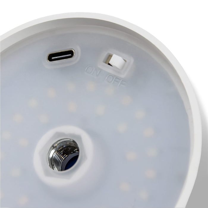 Ember Rechargeable Table Lamp - A white rechargeable table lamp base with a USB-C port and an on/off switch. Features multiple LED lights.