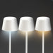 Ember Rechargeable Table Lamp - A set of three white rechargeable table lamps with varying light tones on slender transparent bases.