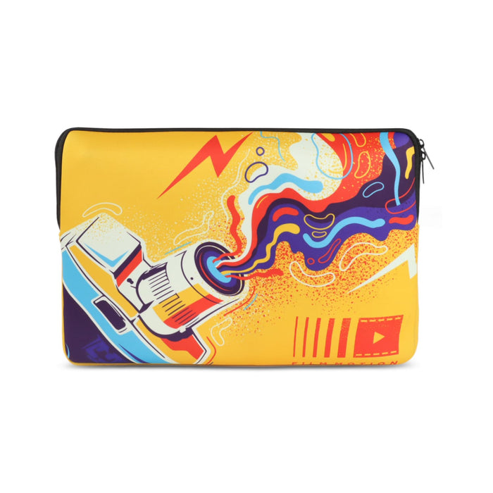 Full Colour Laptop Sleeve - Medium - A medium laptop sleeve featuring a vibrant yellow design with multicoloured abstract graphics and a logo.