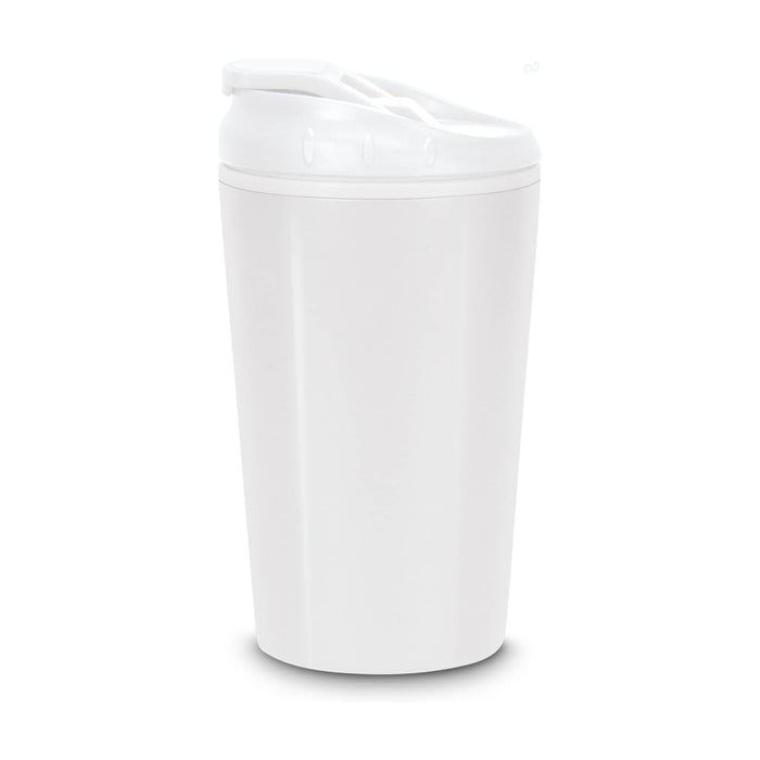 Corsica Coffee Cup - A white coffee cup with a lid, featuring a smooth design and a simple branding logo.