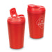 Corsica Coffee Cup - A coffee cup in bright red with a secure lid and a logo, featuring a smooth surface and curved design.