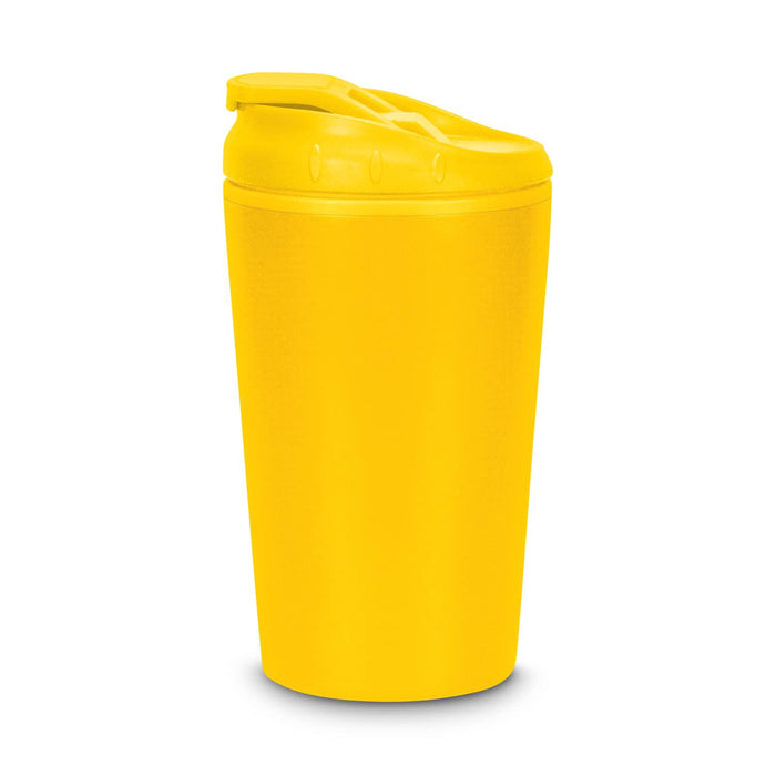 Corsica Coffee Cup - A yellow coffee cup with a lid, featuring a smooth finish and a logo.