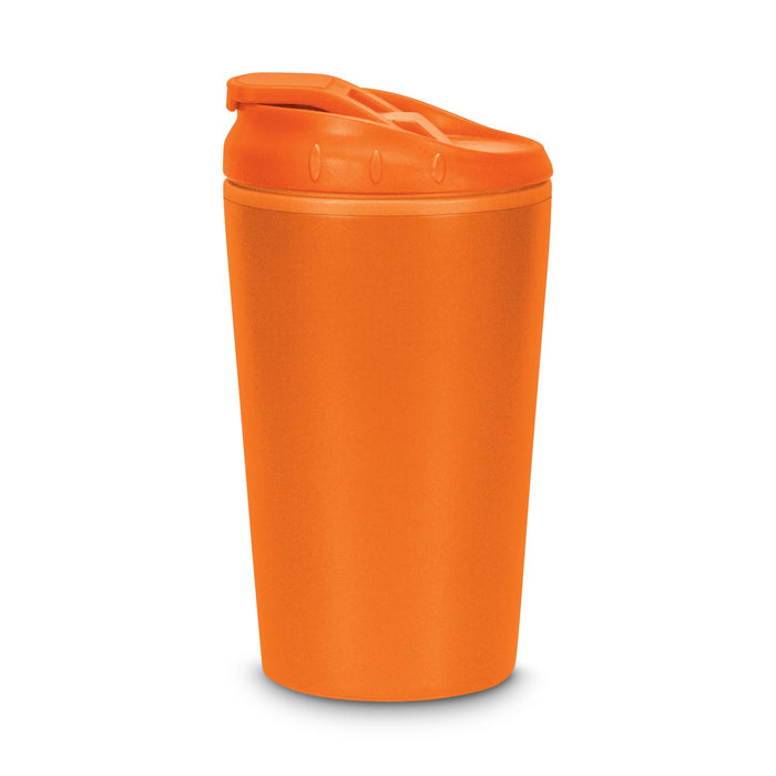 Corsica Coffee Cup - An orange coffee cup with a lid, featuring a smooth surface and a glossy finish. It has a branding logo.