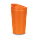 Corsica Coffee Cup - An orange coffee cup with a lid, featuring a smooth surface and a glossy finish. It has a branding logo.