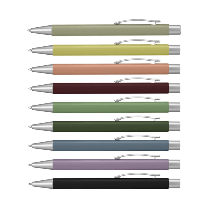 Omega Fashion Notebook and Pen Gift Set - A collection of ten stylish pens in various muted colours with silver accents and clip mechanisms.