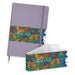Omega Fashion Notebook and Pen Gift Set - A purple notebook with a colourful leaf-patterned band and a matching pen gift set. The set includes a box.