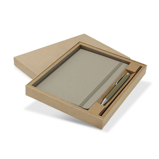 Omega Fashion Notebook and Pen Gift Set - A green notebook and silver pen gift set displayed in a kraft paper box. The set includes a sleek design with a logo.