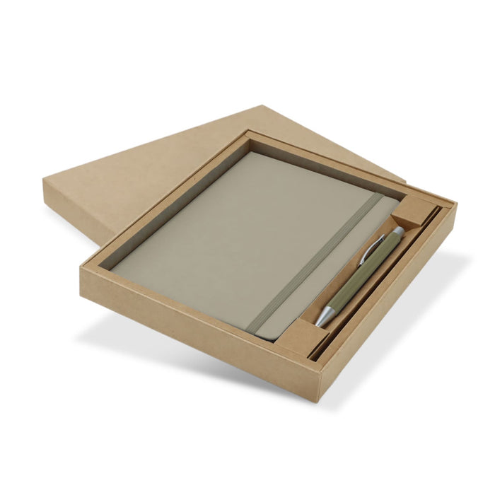 Omega Fashion Notebook and Pen Gift Set - A green notebook and silver pen gift set displayed in a kraft paper box. The set includes a sleek design with a logo.