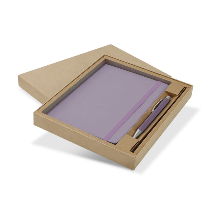 Omega Fashion Notebook and Pen Gift Set - A purple notebook and pen set packaged in a brown box, featuring a simple design and a logo.