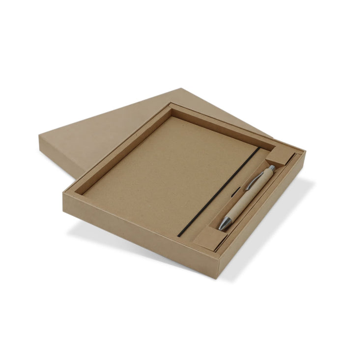 Kraft Notebook and Pen Gift Set - A kraft notebook and pen gift set in a cardboard box. The pen is beige and the notebook has a simple, natural finish.