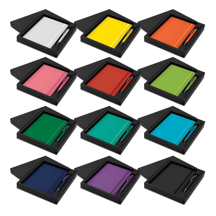 Omega Notebook and Pen Gift Set - A gift set featuring Omega notebooks and pens in various colours, presented in stylish black boxes.