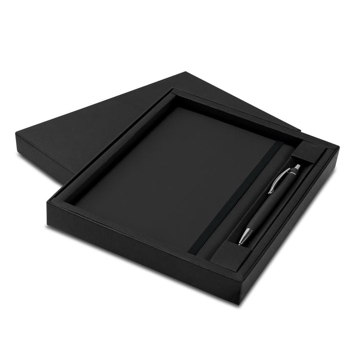 Omega Notebook and Pen Gift Set - A black notebook with a matching black pen in a sleek black gift box. The set includes a logo on the pen.