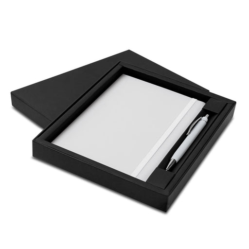 Omega Notebook and Pen Gift Set - A black gift box containing a white notebook and a silver pen. The set is elegantly presented for gifting.