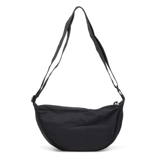 Selene Moon Bag - A black shoulder bag with a curved shape and two adjustable straps, featuring a logo on the front.