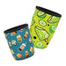 Neoprene Cup Sleeve - Small - A neoprene cup sleeve in blue with drink illustrations and another in green with lime patterns. Both have black trim.