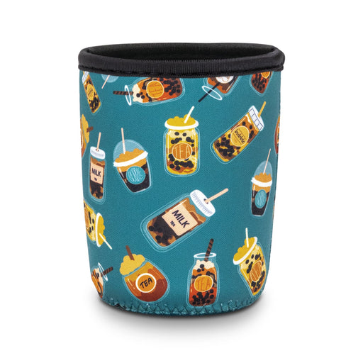 Neoprene Cup Sleeve - Small - A drink bottle sleeve featuring a teal background with colourful illustrations of beverages and a logo.